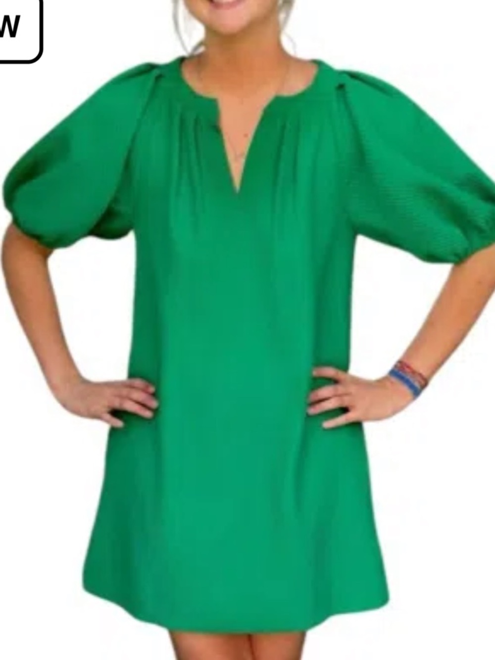 Green Puff-Sleeve Mini Dress with V-Notch - Women's